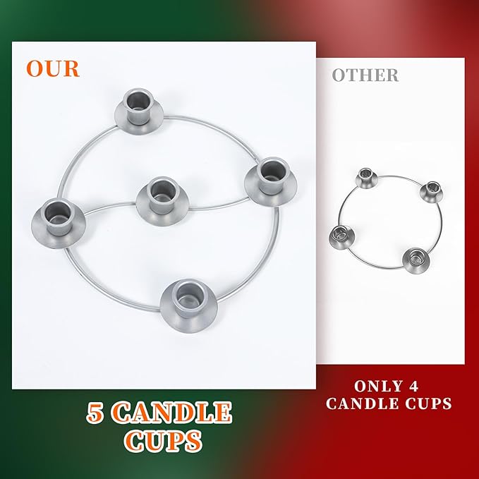 Advent Wreath Candle Holder, Christmas Candle Rings for Tapered Candles, Advent Wreath 5 Candle Holder for Christmas Festival Home Party Church Decor, Silvery