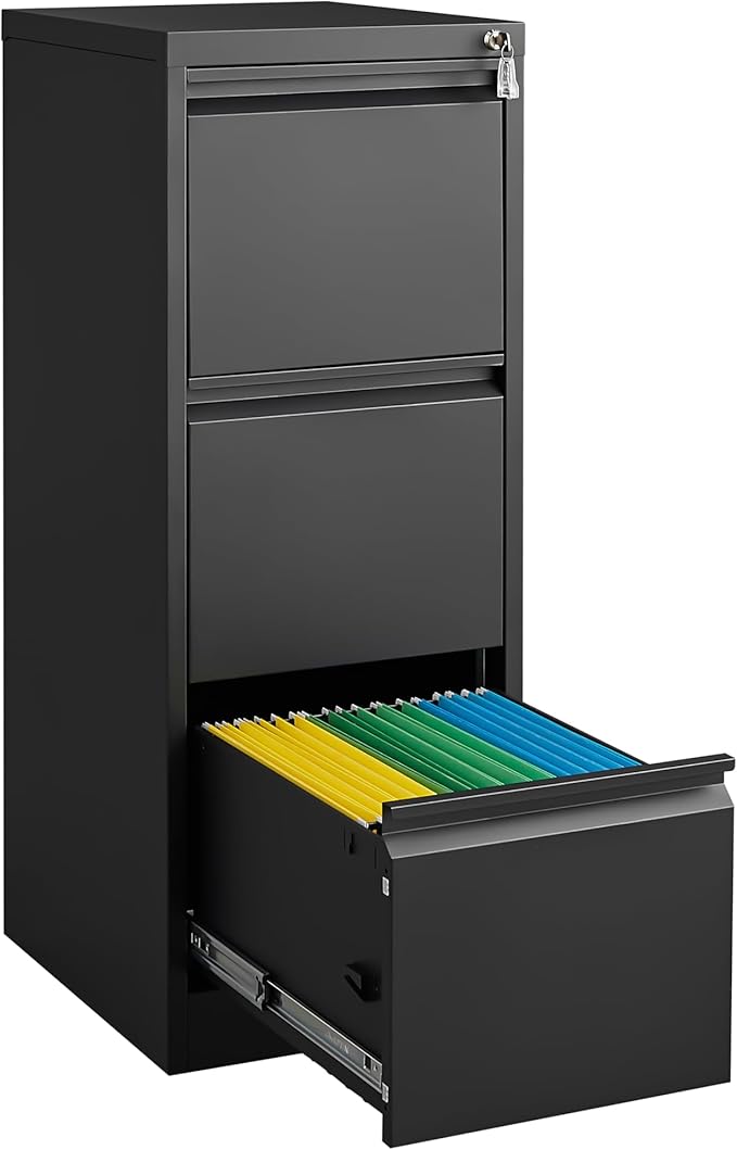 3 Drawer File Cabinet with Lock, Vertical File Cabinets for Home Office, Metal Filing Cabinets, Heavy Duty Steel Lockable Filing Storage Cabinet for Letter/Legal/A4/F4 Size Files, Black