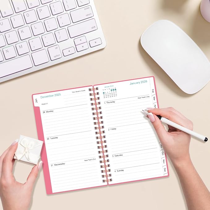2026 Pocket Planner/Calendar - 2026 Planner from January 2026 - December 2026, Planner 2026 with 12 Tabs, Twin-Wire Binding, Inner Pocket, 3.75" x 6.75, Pink