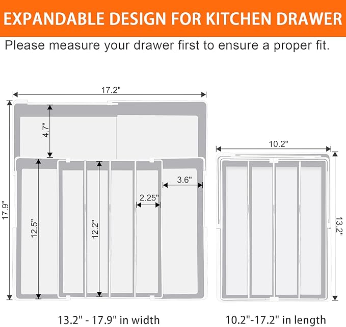 Silverware Organizer - Expandable Silverware Tray for Drawer, Adjustable Utensil Drawer Organizer for Forks, Knives, Kitchen Organizers and Storage, White