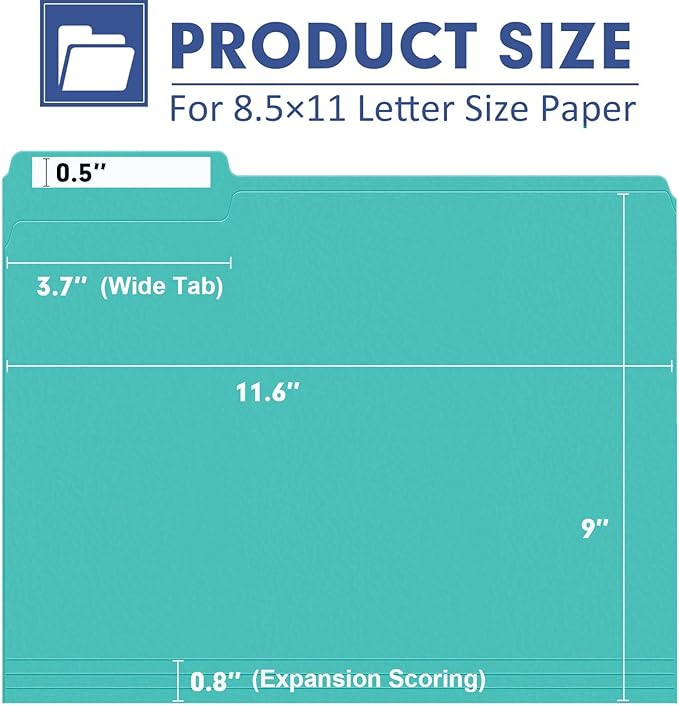 File Folder, PANDRI 120 Pack File Folder, 1/3 Cut Tab, Letter Size, Filing Folder for Office School Business, Aqua