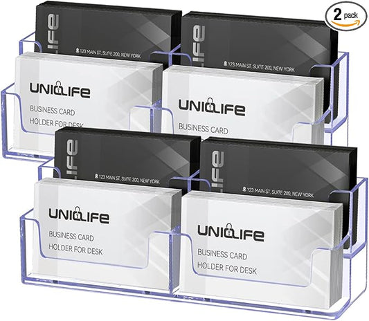 Uniclife 2 Pack Acrylic Business Card Holder for Desk 2 Tiers 4 Slots Clear Business Card Display Stand for Men & Women Desktop Business Card Organizer Card Stand for Office Home, 240 Card Capacity