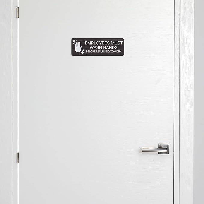 SBLABELS Employees Must Wash Hands Indoor Easy Adhesive Mount Door and Wall Sign for Restaurants and Small Businesses 3" x 9" - Dark Wood