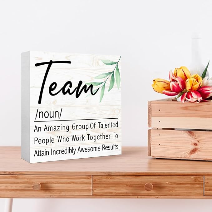 Team Definition Sign Wood Box,Cute Teamwork Signs Wooden Block for for Home Office Tabletop Shelf Decor 5" x 5",Motivational Teamwork Desk Decor Accessories for Women