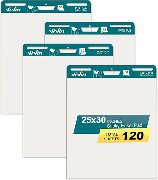 ViVin Super Sticky Easel Pad, 25 x 30 Inches Flip Chart Paper for Teachers, Large Self Stick Easel Paper, Teacher Anchor Chart, 30 Sheets/Pad, 4 Pads/Pack