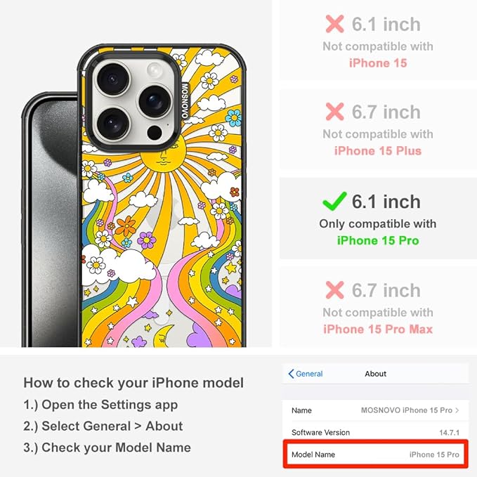 MOSNOVO Magnetic Case for iPhone 15 Pro, 10ft Military-Grade Protection, Compatible with Magsafe, Shockproof Phone Case for iPhone 15 Pro - 70's Psychedelic Groovy Art - Clear Black