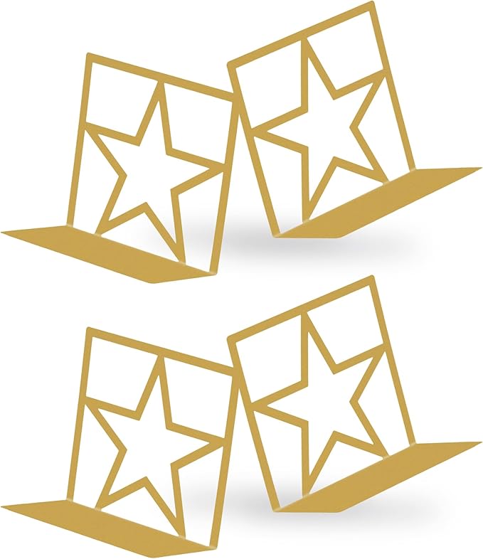 GEOMOD Star Gold Metal Bookends Decorative - Tall Sturdy Book Ends for Shelves - Modern Heavy Duty Bookend Stopper - Office or Home Book Shelf Book Holder - 6x3.2x6.3 Inches - 2 Pair