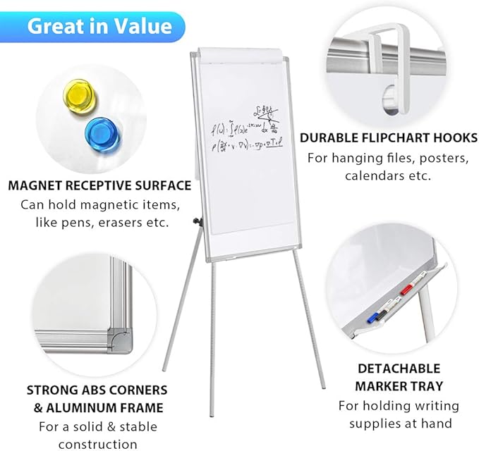 Easel Whiteboard - Magnetic Portable Dry Erase 40 x 28 Tripod Height Adjustable, Flipchart Easel Stand White Board for Office (40x28 White)
