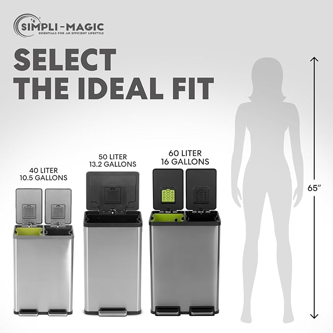 SIMPLI-MAGIC 16 Gallon (60L) Elegant Black Step Trash Can – Dual Compartment Kitchen Garbage Can with Waste & Recycling Bins – Slow-Close Lid, Odor Control, Hands-Free, Premium Stainless Steel