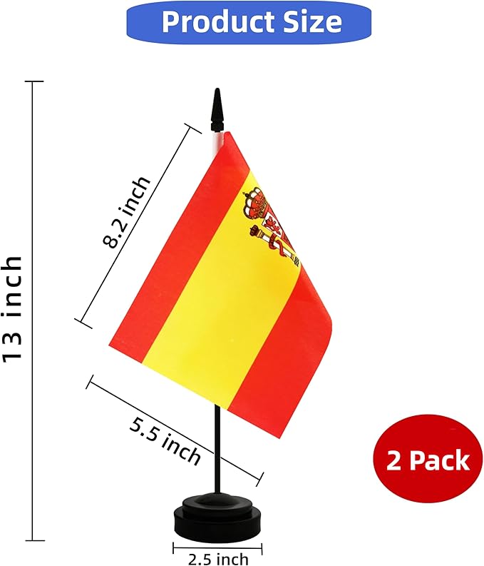2 Pack Spain Desk Flag, Spanish Table Office Flag with Solid Pole and Stand Base, International Country Flag, Festival Celebration, Classroom Meeting Desktop Decoration (Spain)