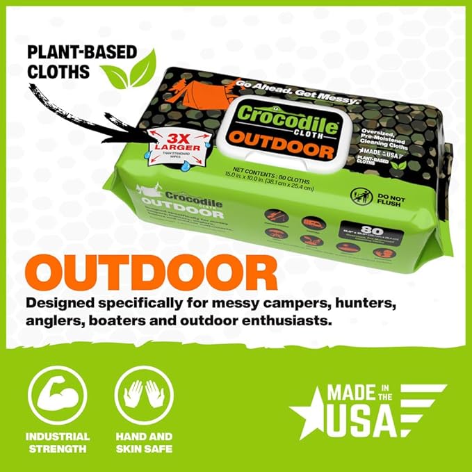 Crocodile Cloth Outdoor Cleaning Wipes – 8 Packs/640 Total Count Plant-Based Cloths (15"x10"), Skin Safe, Pre-Moistened, Aloe & Vitamin E Infused, Large, Absorbent, Multi-Surface Disposable Wipes