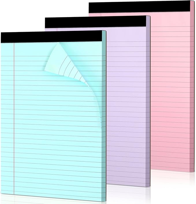 Colored Legal Pads, 3 Pack Writing Pads 8.5 x 11 inch, Micro Perforated Notebooks with Sturdy Back, Wide Ruled, 30 Sheets Per Writing Pad for School, College, Office, Professional (Blue/ Pink/Purple)