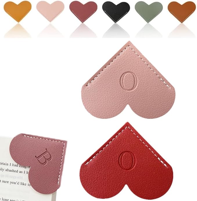 Personalized Leather Heart Bookmark, 26 Letters Customized Corner Book Mark for Reading Women, Book Marker with Initials，Cute Gifts (Red+Light Pink, O)