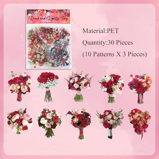 MAFELOE 30 Pieces PET Scrapbook Stickers of Bouquets Theme, Aesthetic Deco Supplies for Junk Bullet Journaling Card Making Daily Planner-Red (D-Y4-AYSQ)