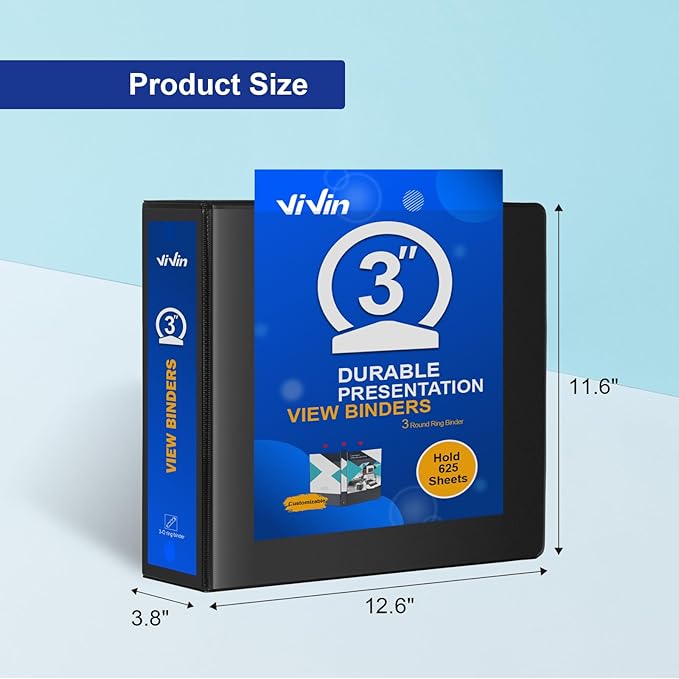 ViVin 3 Ring Binder 3 inch with Clear View Cover, Large 3" Round Ring for Strength, Holds 600 Sheets of US Letter Size Paper, Office Home School, 10 Pack (Black)
