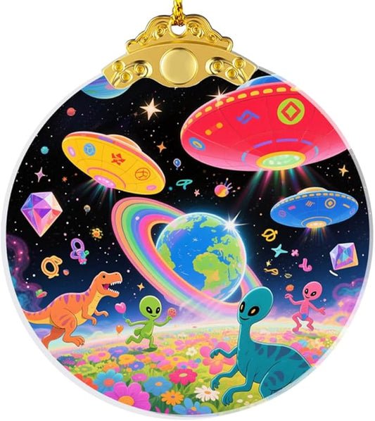 UFO Alien Glass Ornaments, UFO, Dinosaur & Alien Christmas Ornament for Christmas Tree Decor, Holiday Presents, Exchange Ideal Gift for Space & Fantasy Lovers