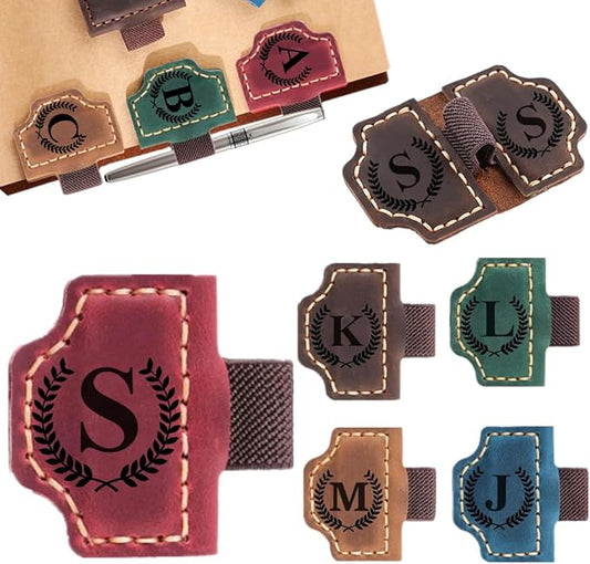 Custom Bookmark with Pen Holder with 26 Letters Personalized Magnetic Leather Book Mark, Customized Name Book Marker Clip with Initial for Men Women, Gifts for Book Lovers, Readers, (Red, S)