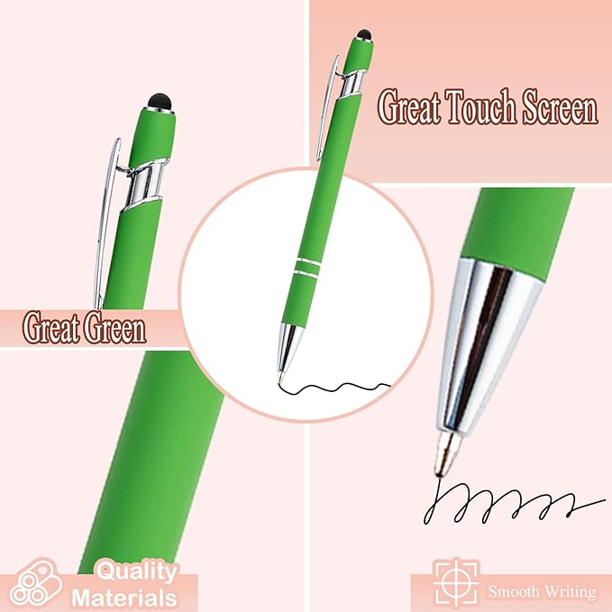 PASISIBICK 12 Pieces Green Ballpoint Pen with Stylus Tip, 2 in 1 Stylus Stylish Pen, Metal Stylus Pen for Touch Screens, Black Ink, 1.0 mm Medium Point.(12 PCS Green)