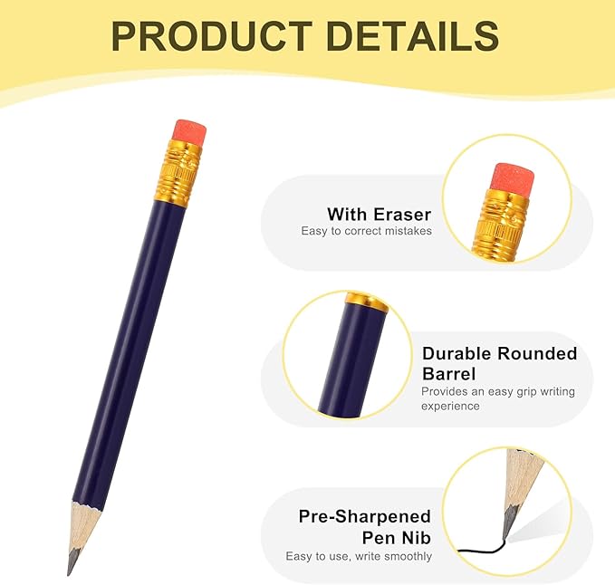 MECCANIXITY Golf Pencils with Erasers, 4" HB Mini Half Pencils Pre Sharpened Small Pens for Wedding Bridal Shower Game Office Writing Drawing(Dark Blue, Pack of 20)