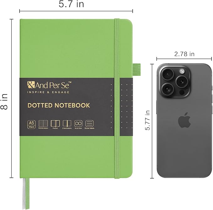 &And Per Se Dotted Journal Notebook, A5 Hardcover Leather Bullet Dotted Journal, 160 Pages 100 gsm Thick Paper, 3 Sheets of Stickers Included- 5.7'' x 8'' (Pastel green)