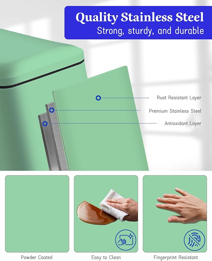 8 Gallon Slim Trash Can with Soft Close Lid, Stainless Steel Trash Can with Removal Inner Bucket, Hand -Free Trash Bin for Kitchen, Office, Laundry, Bathroom, 30 Liter Capacity, Green