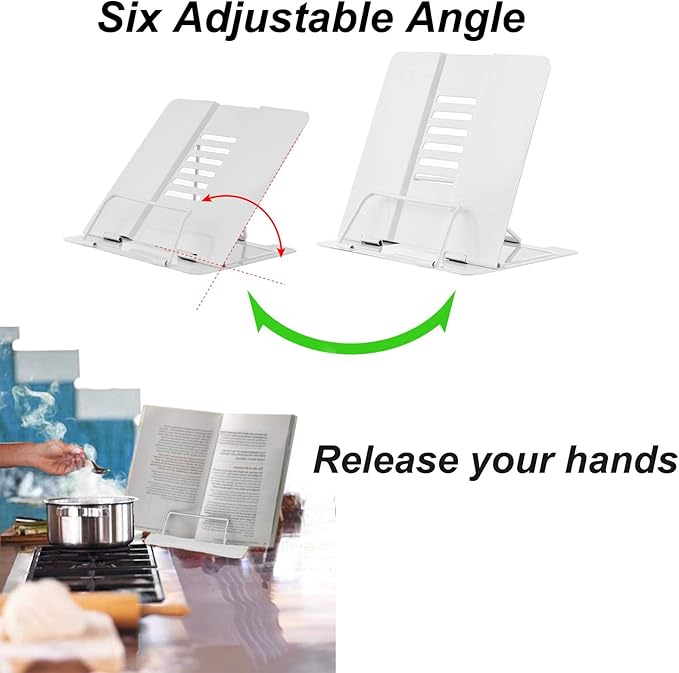 MSDADA Desk Book Stand Metal Reading Rest Book Holder Adjustable Cookbook Documents Holder Bookstands for Recipes Textbooks Music Books Birthday Gift for age 3,4,5,6,7,8,9,10+ Boys Girls (White)