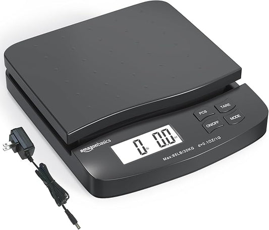 Amazon Basics Digital Postal Scale, AC Adapter, 65 lb Capacity, 0.1 oz Readability, Black