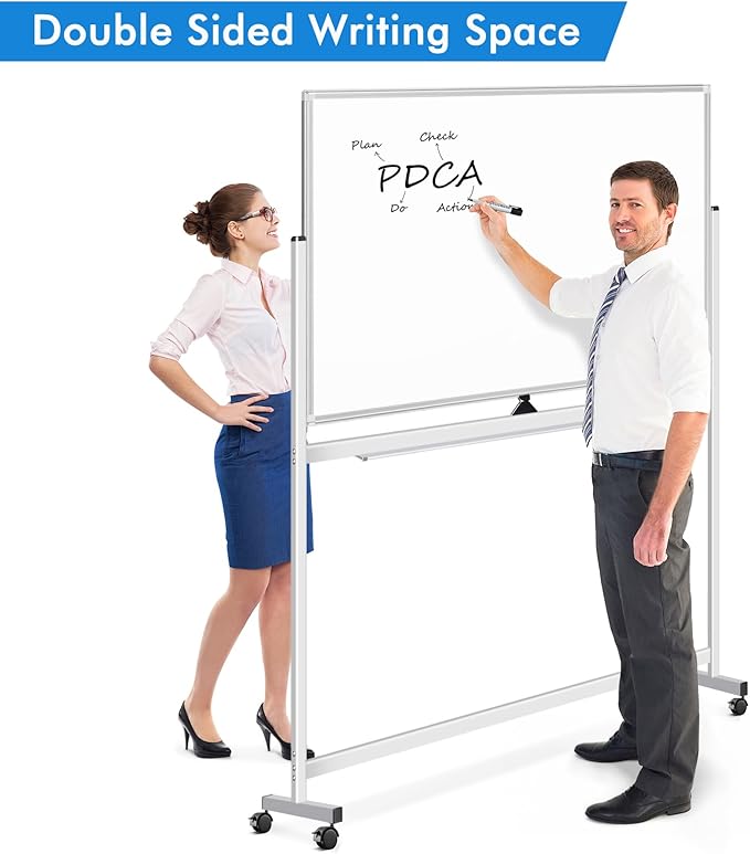Large Rolling White Board, 48x36 in Double-Sided Mobile Whiteboard, maxtek Reversible Magnetic Dry Erase Board Easel Standing Whiteboard on Wheels Portable Board for Office Classroom and Home, Silver