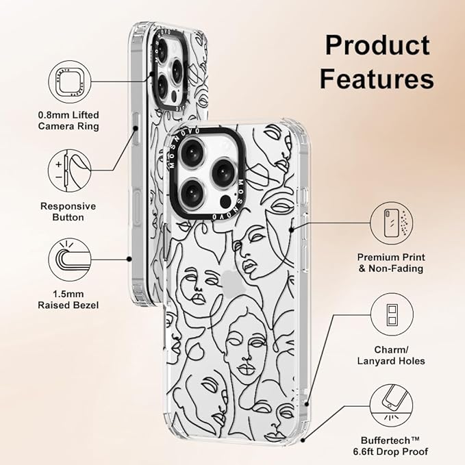 MOSNOVO Case for iPhone 16 Pro, [Buffertech 6.6ft Military-Grade Drop Protection] [Anti Peel Off Tech] Clear TPU Bumper Phone Case Cover Design - Abstract Face Line Art