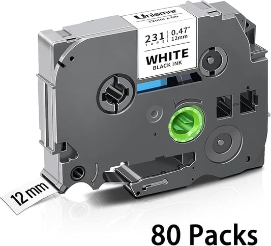 Unismar Tze 12mm 0.47 Laminated White Tape Compatible for Brother Label Maker Tape Work for Ptouch PT-D220 PTD210 PTH110 PTH100 PTD600 PTD200, Black on White 1/2'' x 26.2', 80 Pack