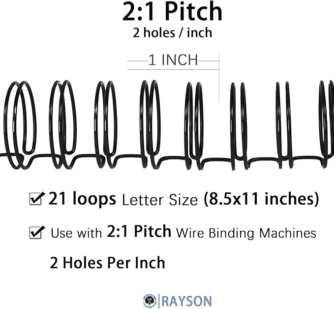Rayson WR21254BK Wire Binding Spines, 2:1 Pitch Double Loop Binding Wires 1 Inch, 21-Loop Wire Ring Pack of 50 with Black