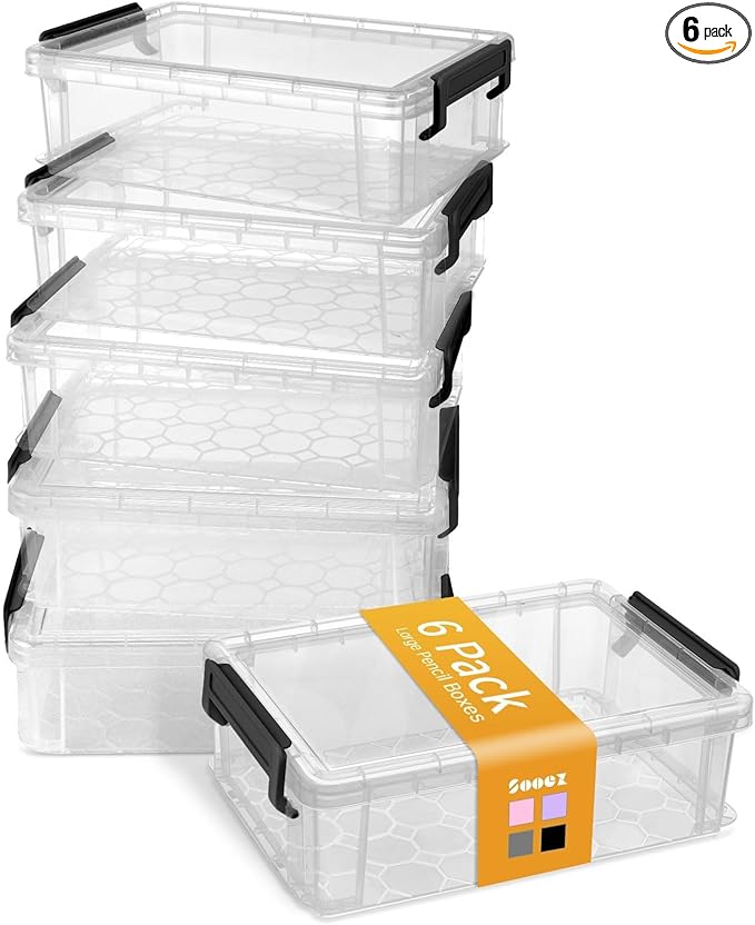 Sooez Back to School Supplies 6 Pack Extra Large Pencil Box, Plastic Pencil Case Crayon Box Bulk, Clear Marker Organizer Plastic Containers with Lid, Stackable Storage Boxes for Art Craft, Pen, Black