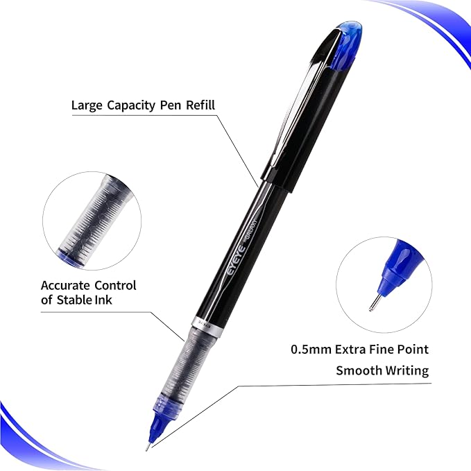 EYEYE Blue Rollerball Pens 0.5mm, 6 Pack Extra Fine Point Liquid Ink Needle Tip Pen Quick Dry, Pen Fine Point Smooth Writing Pens for Journaling, Note Taking, Office, School Supplies