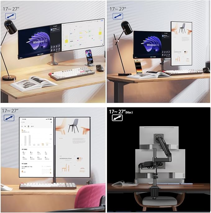 NB North Bayou Dual Monitor Desk Mount Stand Full Motion Swivel Computer Monitor Arm Fits 2 Screens up to 27'' with Load Capacity 4.4~19.8lbs for Each Monitor H180-G