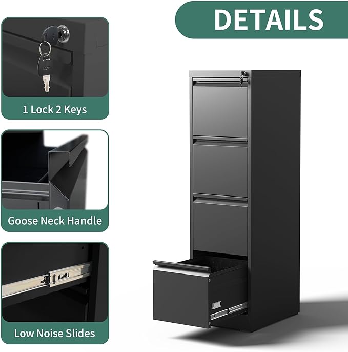 4 Drawer File Cabinet with Lock,Metal Vertical Filing Cabinets for Home Office,Heavy Duty File Storage Cabinet for Letter/Legal/A4/F4 Size File,Assembly Require (Black, Vertical 4 Drawer)