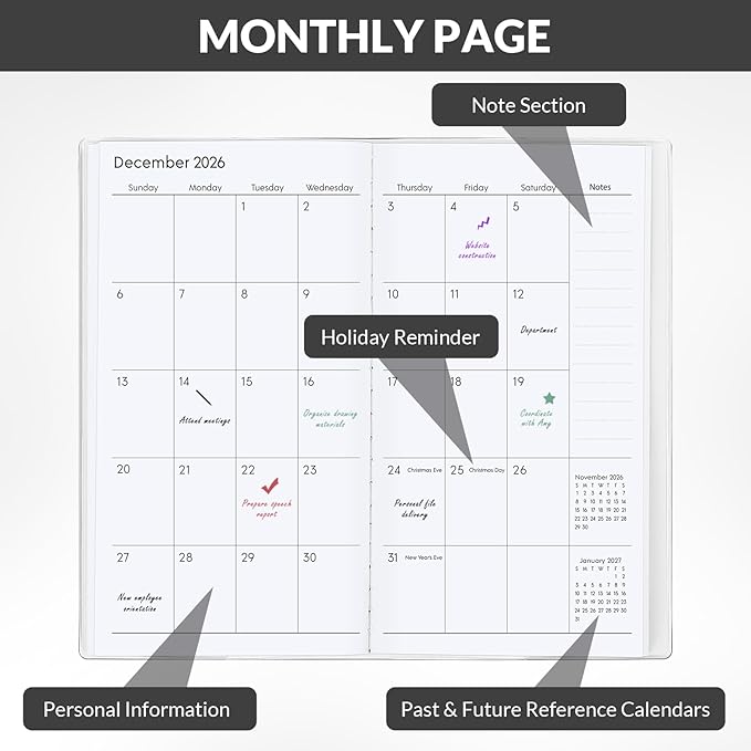 Pocket Calendar 2026-2027, Pocket Planner 2026-3.7" x 6.7" - Runs from September 2025 Until December 2027, Monthly Planner 2025-2027 with PVC Cover for Planning, Black