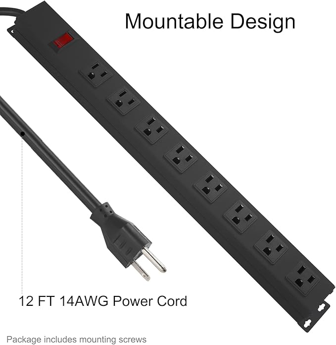 Metal 8 Outlet Mountable Power Strip, Wall Mount Outlet Heavy Duty, Wide Spaced Commercial Shop Power Strip with Switch, 15A 125V 1875W, 6 FT SJT 14AWG Power Cord (12FT)