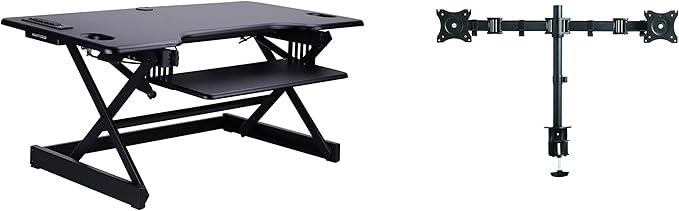 Rocelco 46" Height Adjustable Standing Desk Converter with AC USB Charger and Double Monitor Mount Arm - Sit Stand Up Triple Screen Riser Workstation - Keyboard Tray - Black (R DADRB-46-ACUSB-DM2)