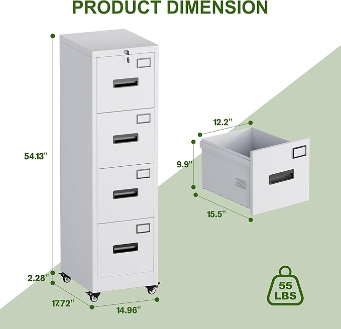 Aobabo File Cabinet 4 Drawer with Wheels, Lockable Office Metal Filing Cabinet with Name Card for Office and Home,Required Assembly,White