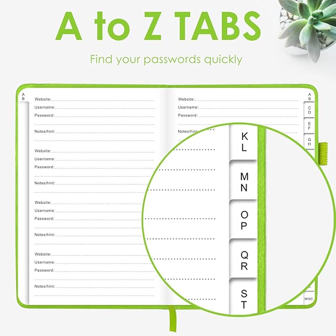Elegant Password Book with Alphabetical Tabs - Hardcover Password Book for Internet Website Address Login - 5.2" x 7.6" Password Keeper and Organizer w/Notes Section & Back Pocket (Green)