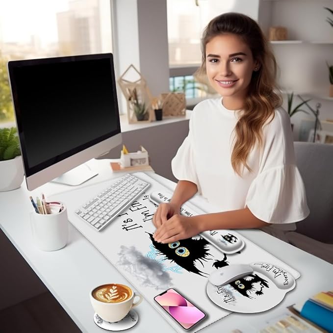 Desk Mat Set, Large Gaming Mouse Pad with Wrist Rest, Ergonomic Mouse Pad Keyboard Mat Wrist Support, Cup Coaster, Home Office Desk Accessories Decor Supplies, Funny Black Cat