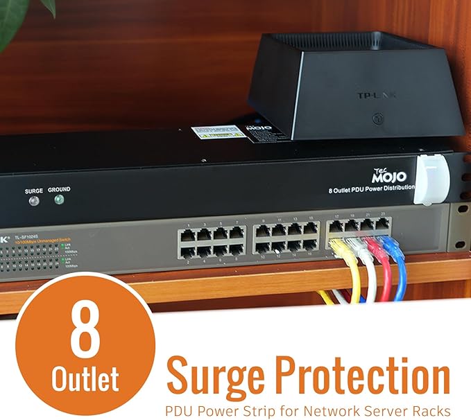 Tecmojo 1U Rack-Mount Horizontal 8-Outlet Power Strip UL Listed PDU with Surge Protection 6ft Cord Power Distribution for IT and Network Server Racks