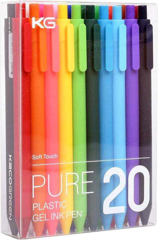 Kaco PURE Colored Gel Pens 0.5mm 20 Pieces Set Colorful Multi-color Ink Fine Point Comfort Grip Quick Drying Pens for Journaling Note Taking