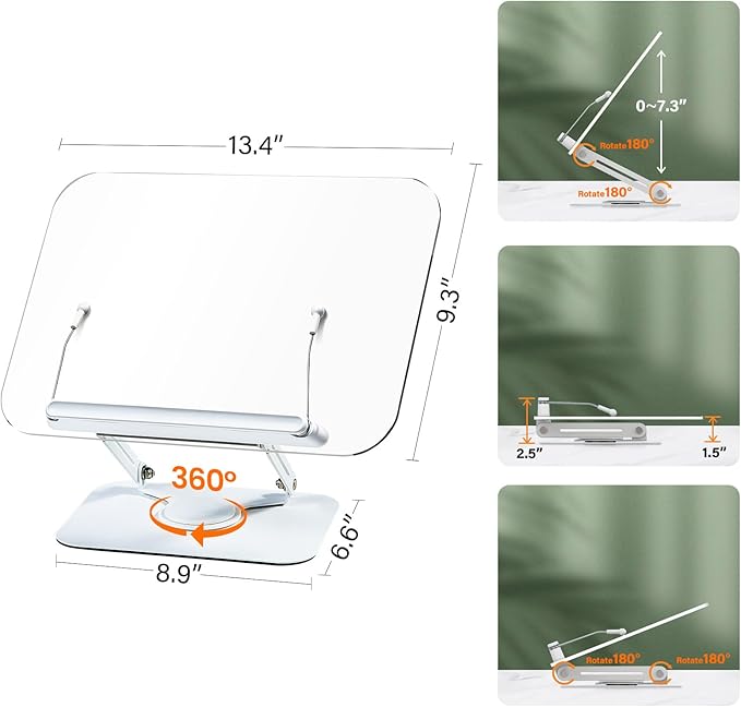 Acrylic Book Stand for Reading, Adjustable Book Holder with 360° Rotating Base & Elastic Page Clips, Foldable Desktop Riser Stand for Cookbook,Laptop,Tablet,Music Scores,Recipe,Textbook (Black)