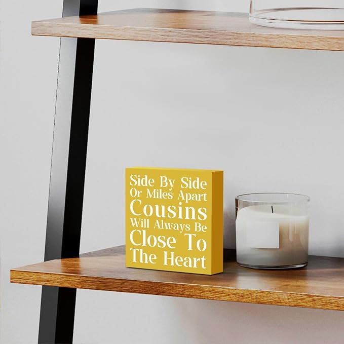 Cousin Wooden Box Sign Decorative Cousins Gifts Home Office Desk Decor for Tabletop Bookshelf Farmhouse Bedroom Library Dining Room Rustic Square Tiered Tray Wall Decor birthday Yellow