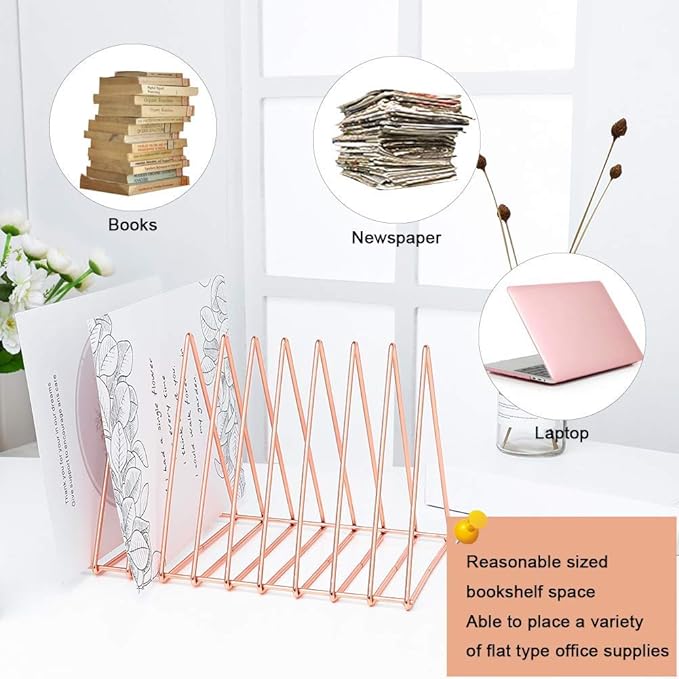 Urban Deco Triangle Desk Organizers Metal Wire Magazine Holder 10 Sections Decorative File Folder Organizer Vinyl Record Storage Office File Organizer For Desk - Rose Gold Magazine File Holder