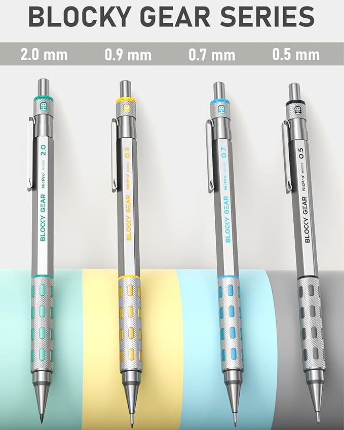 Nicpro Blocky Gear Art Mechanical Pencil Set with Case, 36PCS Metal Mechanical Pencils 0.5, 0.7, 0.9mm & 2mm Lead Holder for Drawing Sketching with 20 Tubes (6B 4B 2B HB 2H 4H Colors) Lead Refills