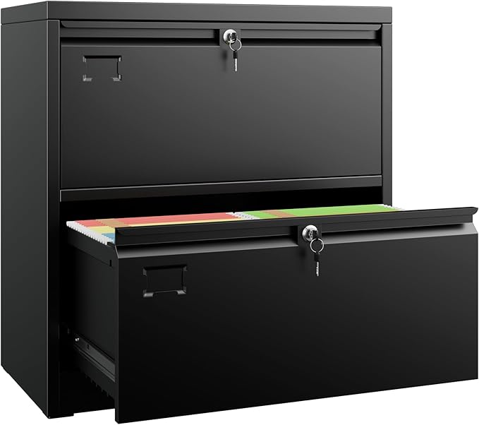 SUXXAN 2 Drawer File Cabinet, Lateral Filing Cabinet with 2 Locks for Home Office, Black File Cabinets with Business Card Holder for Letter/Legal/F4/A4 Hanging Files