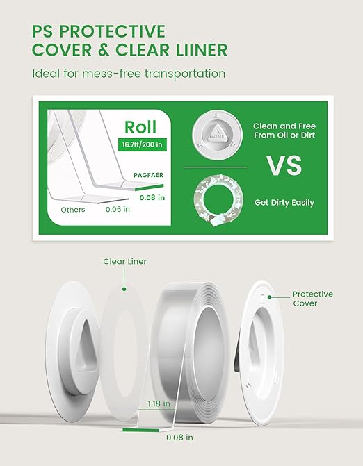 Double Sided Tape Heavy Duty, Double Sided Mounting Nano Tape 16.4FT, Clear & Tough Two Sided Adhesive Tape, Removable Picture Hanging Strips for Wall, Poster, Carpet, Home Office, 4 Pack