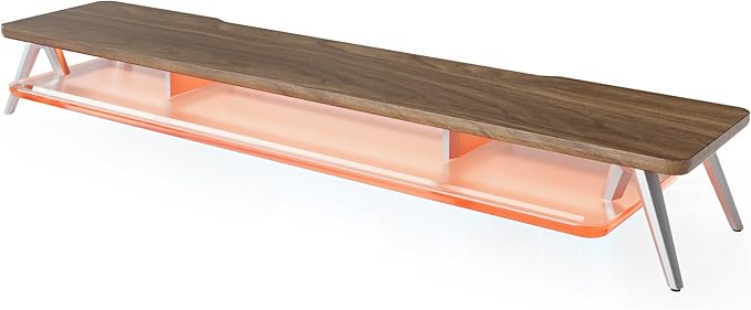 Fenge Dual Monitor Stand for Desk, 2 Tiers Monitor Riser with Acrylic Shelf & App Control LED Lights, 42.5 Inch Wood and Aluminum Desk Shelf with Phone and Tablet Holder